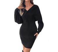 MGDIFYXAA Pulloverkleid Damen - Schwarzer Strickpullover Mit V-Ausschnitt, Damenkleid Mit Fledermausärmeln, Herbst/Winter, Schmale Passform, Hüftbetonter Sexy Strickrock, Schwarz, L