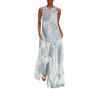 MGDIFYXAA Sommerkleid Ärmellos für Damen - Aquarellpflanzen V-Ausschnitt Freizeitkleid Strandkleid Elegant Luftig Leicht Schöne Hortensie Dress Kleid Basic mit Taschen M