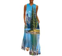 MGDIFYXAA Sommerkleid Ärmellos für Damen - Landschaft V-Ausschnitt Freizeitkleid Strandkleid Elegant Luftig Leicht Schöne Gebirgsketten und schneebedeckte Gipfel Dress Kleid Basic mit Taschen 3XL