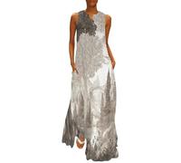 MGDIFYXAA Sommerkleid Ärmellos für Damen - Lineare Landschaft V-Ausschnitt Freizeitkleid Strandkleid Elegant Luftig Leicht Schöne Bäume und Wälder Dress Kleid Basic mit Taschen 3XL