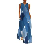 MGDIFYXAA Sommerkleid Damen Lang, Ärmelloses Maxikleid mit Abstrakt Print, Große Größe, Leicht und Luftig, Aquarellblauer Halbkreis Lockeres Strandkleid im Tanktop-Stil, für Urlaub XXL