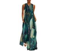 MGDIFYXAA Sommerkleid Damen Lang, Ärmelloses Maxikleid mit Anlage-Print, Leicht und Luftig, Blattbeeren Lockeres Strandkleid im Tanktop-Stil mit Taschen, Freizeitkleid für Urlaub 5XL