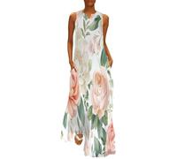 MGDIFYXAA Sommerkleid Damen Lang, Ärmelloses Maxikleid mit Aquarell-Print, Leicht und Luftig, Pastellblumen Lockeres Strandkleid im Tanktop-Stil mit Taschen, Freizeitkleid für Urlaub 3XL