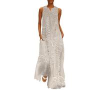 MGDIFYXAA Sommerkleid Damen Lang, Ärmelloses Maxikleid mit Graffiti-Kunst-Print, Leicht und Luftig, Beige Linien Lockeres Strandkleid im Tanktop-Stil mit Taschen, Freizeitkleid für Urlaub 5XL
