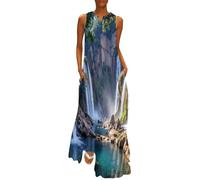 MGDIFYXAA Sommerkleid Damen Lang, Ärmelloses Maxikleid mit Naturlandschaft-Print, Leicht und Luftig, Fallen Lockeres Strandkleid im Tanktop-Stil mit Taschen, Freizeitkleid für Urlaub 4XL