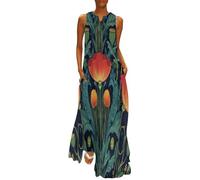 MGDIFYXAA Sommerkleid Damen Lang, Ärmelloses Maxikleid mit Retro-Blumenmuster-Print, Leicht und Luftig, Grasblume Lockeres Strandkleid im Tanktop-Stil mit Taschen, Freizeitkleid für Urlaub 5XL
