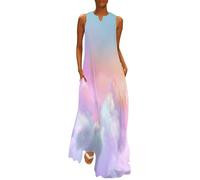 MGDIFYXAA Sommerkleid Damen Lang, Ärmelloses Maxikleid mit Traum-Print, Leicht und Luftig, Regenbogenwolken Lockeres Strandkleid im Tanktop-Stil mit Taschen, Freizeitkleid für Urlaub 3XL