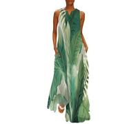 MGDIFYXAA Sommerkleid Damen Lang, Ärmelloses Maxikleid mit Tropische Pflanzen Print, Große Größe, Leicht und Luftig, Bananenblätter Lockeres Strandkleid im Tanktop-Stil, für Urlaub 3XL
