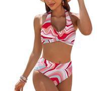 MHADBKH Weich gepolsterte Körbchen, Strandbekleidungs-Set, hohe Taille, Badeanzug für Damen, Blumendruck, zweiteilig, Bademode, hohe Taille, Strandmode