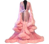 MHNFGDSE Damen Durchsichtige Sexy Feder Robe Transparent Spitze Morgenmantel Feder Robe Perspektive Chiffon Rüschen Dessous Maxi Kleid V Ausschnitt Durchsichtig Sexy Nachtwäsche,G,One Size