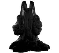 MHNFGDSE Damen Durchsichtige Sexy Feder Robe Transparent Spitze Morgenmantel Feder Robe Perspektive Chiffon Rüschen Dessous Maxi Kleid V Ausschnitt Durchsichtig Sexy Nachtwäsche,J,One Size