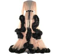 MHNFGDSE Damen Durchsichtige Sexy Feder Robe Transparent Spitze Morgenmantel Feder Robe Perspektive Chiffon Rüschen Dessous Maxi Kleid V Ausschnitt Durchsichtig Sexy Nachtwäsche,C,One Size