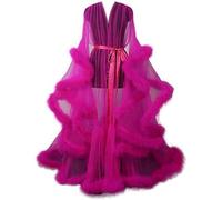 MHNFGDSE Damen Durchsichtige Sexy Feder Robe Transparent Spitze Morgenmantel Feder Robe Perspektive Chiffon Rüschen Dessous Maxi Kleid V Ausschnitt Durchsichtig Sexy Nachtwäsche,B,One Size