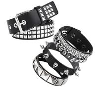 MHYMX Y2K Gürtel, Nietengürtel mit 3 Nietenarmband Schwarz PU Ledergürtel Glitzer Gürtel Set Nieten Punk Gothic Schmuck Accessoires für Damen Herren