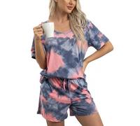 MIA LUCCE Schlafanzug Damen Kurz Baumwolle Nachtwäsche Zweiteiler Damen Sommer Pyjama Set Hausanzug Süße Muster Oberteil und Schlafshort Sleepshirt Loungewear mit Rundhals/V-Hals S-XXL