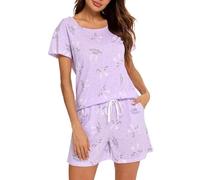 MIA LUCCE Schlafanzug Damen Kurz Baumwolle Nachtwäsche Zweiteiler Damen Sommer Pyjama Set Hausanzug Süße Muster Oberteil und Schlafshort Sleepshirt Loungewear mit Rundhals/V-Hals S-XXL