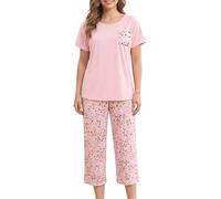MIA LUCCE Schlafanzug Damen Kurzarm, Capri Pyjama Damen Set Nachtwäsche | Baumwolle Pyjamas for Women, Schlafanzug Frauen, Sleepwear mit Oberteil & 3/4 Schlafhose, Hausanzug für Nacht, Größe S-XXL