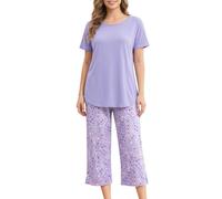 MIA LUCCE Schlafanzug Damen Kurzarm, Capri Pyjama Damen Set Nachtwäsche | Baumwolle Pyjamas for Women, Schlafanzug Frauen, Sleepwear mit Oberteil & 3/4 Schlafhose, Hausanzug für Nacht, Größe S-XXL