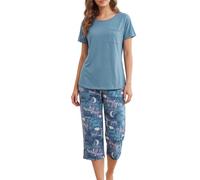 MIA LUCCE Schlafanzug Damen Kurzarm, Capri Pyjama Damen Set Nachtwäsche | Baumwolle Pyjamas for Women, Schlafanzug Frauen, Sleepwear mit Oberteil & 3/4 Schlafhose, Hausanzug für Nacht, Größe S-XXL