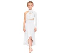 Miaeowve Contemporary Dance Kleider Kinder Mädchen EIN Schulter Ballettkleid 3D Blumen Perlen Eiskunstlaufkleid Cut Out Lyrisches Tanzkleid Maxikleid Asymetrisch Elfenbein 158-164