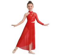 Miaeowve Contemporary Dance Kleider Kinder Mädchen EIN Schulter Ballettkleid 3D Blumen Perlen Eiskunstlaufkleid Cut Out Lyrisches Tanzkleid Maxikleid Asymetrisch Rot 110-116