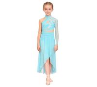 Miaeowve Contemporary Dance Kleider Kinder Mädchen EIN Schulter Ballettkleid 3D Blumen Perlen Eiskunstlaufkleid Cut Out Lyrisches Tanzkleid Maxikleid Asymetrisch Hellblau 146-152