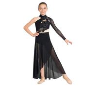 Miaeowve Contemporary Dance Kleider Kinder Mädchen EIN Schulter Ballettkleid 3D Blumen Perlen Eiskunstlaufkleid Cut Out Lyrisches Tanzkleid Maxikleid Asymetrisch Schwarz 110-116