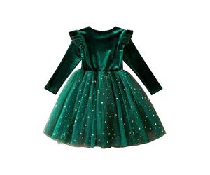 Miaeowve Kinder Baby Kleid Mädchen Festlich Hochzeit Langarm Rüschen Weihnachtskleid Prinzessin Partykleid A Linien Samtkleid Mit Glitzer Sterne Tüllrock Grün 110-116