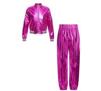 Miaeowve Sportbekleidung Kinder Mädchen Set Langarm Metallic Jacke Holographic Bomberjacke Mit Glitzer Hose Stretch Leggings 70er 80er Jahre Retro Sportswear Hot Pink 134-140