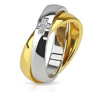 Mianova Damen Band Ring Wickelring Edelstahl poliert mit Kreuz Strass Kristall Damenring Bandring Zweifarbig Größe 55 (17.5) Gold Silber