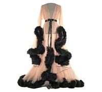 MIAOXIAO Damen Kimono Transparent Spitze Morgenmantel Feder Robe Perspektive Chiffon Dessous Maxi Kleid Nachtwäsche V Ausschnitt Durchsichtig Sexy Feder Robe,6,M