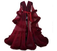 MIAOXIAO Damen Kimono Transparent Spitze Morgenmantel Feder Robe Perspektive Chiffon Dessous Maxi Kleid Nachtwäsche V Ausschnitt Durchsichtig Sexy Feder Robe,7,M