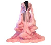 MIAOXIAO Frauen Sexy Dessous Robe Bademantel Durchsichtige Sexy Feder Robe Tüll Langarm Spitze Nachthemd Kimono Bademantel mit Rüschen Federbesatz,4