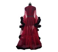 MIAOXIAO Frauen Sexy Dessous Robe Bademantel Durchsichtige Sexy Feder Robe Tüll Langarm Spitze Nachthemd Kimono Bademantel mit Rüschen Federbesatz,1
