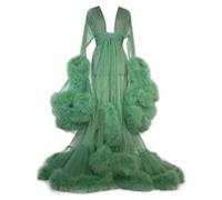 MIAOXIAO Frauen Sexy Robe Dessous Bademantel Durchsichtige Feder Robe Tüll Langarm Spitze Nachthemd Kimono Bademantel mit Rüschen Federbesatz,1