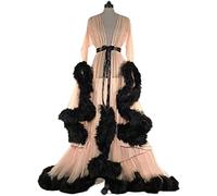 MIAOXIAO Frauen Sexy Robe Dessous Bademantel Durchsichtige Feder Robe Tüll Langarm Spitze Nachthemd Kimono Bademantel mit Rüschen Federbesatz,6