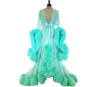 MIAOXIAO Frauen Sexy Robe Dessous Bademantel Durchsichtige Feder Robe Tüll Langarm Spitze Nachthemd Kimono Bademantel mit Rüschen Federbesatz,7