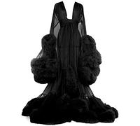 MIAOXIAO Frauen Sexy Robe Dessous Bademantel Durchsichtige Feder Robe Tüll Langarm Spitze Nachthemd Kimono Bademantel mit Rüschen Federbesatz,8