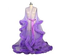 MIAOXIAO Frauen Sexy Robe Dessous Bademantel Durchsichtige Feder Robe Tüll Langarm Spitze Nachthemd Kimono Bademantel mit Rüschen Federbesatz,2