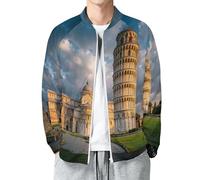 MIATCENRT Architektur College Jacke Unisex Bomberjacke, Baseball Jacke Übergangsjacke, Oversized Schiefer Turm Von Pisa Druck Jacken mit Taschen, Y2K Casual Frühling Herbst Oberteile
