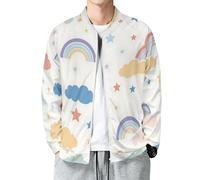 MIATCENRT Leichte Herrenjacke Bomberjacke, Regenbogenwolken Sterne Druck Lässig Varsity Jacke Regular Übergangsjacke mit Taschen, Outdoor Dünne Arbeitsjacke Cartoon Sportjacke, Beige