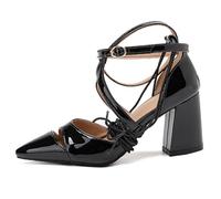 MiaZane Professionelle Court Schuhe mit Spitzer Zehe Blockabsatz Schnürung Geschlossene Zehen Büro Pumps Mittelhohe Absätze Arbeitsschuhe Geschäftsbüro und Beruflichen Komfort,Schwarz,44 EU