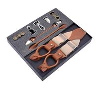 MIBSH Hosenträger Suspender Herren Vintage Leder Hosenträger Clip Button Hosenträger Verstellbare Elastische Hosenträger Träger Khaki
