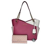 MICHAEL Michael Kors Jet Set Travel Large Chain Shoulder Tote bundled with Michael Kors Jet Set Travel Trifold Wallet (Rosewood Colorblock/Signature MK Pink)
