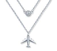 MicLee Damen 925 Sterling Silber Zirkonia Halskette Fashion Flugzeug Anhänger Doppelkette Kette mit Geschenkbeutel Super Geschenk für Paar Pärchen Mutter Tochter