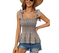 Micoson Rüschen gesmokte Tanktops für Frauen Sommer quadratischer Ausschnitt ärmellose Tops Krawatte Schulter Chiffon Bluse Babydoll Shirts, Blau / Orange mit Blumenmuster, X-Groß