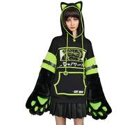 Micotaku Damen Miraculous Cat Noir Pullover Hoodie Abnehmbare Furry Cat Paw Handschuhe Handtasche Kapuzen-Sweatshirt, Schwarz, Large