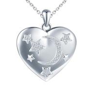 MICSAVI Herz medaillon mit mond und sterne kette silber 925 für damen mädchen kinder, Foto medaillon zum öffnen für bilder personalisierte, Herz anhänger mit zirkonia, silberkette 50cm