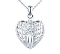 MICSAVI Medaillon Engelsflügel kette silber 925 für damen mädchen kinder, Foto medaillon zum öffnen für bilder personalisierte, Herz anhänger mit engel, Silberkette 50cm