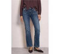 Bootcut-Jeans STREET ONE "Style Blaire", Damen, Gr. 31, Länge 32, blau (medium blau random washed), Denim/Jeans, Obermaterial: 82% Baumwolle, 16% Polyester, 2% Elasthan, unifarben, slim fit lang, Jean